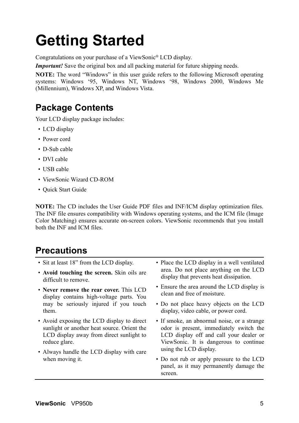 Getting started, Package contents, Precautions | VIEWSONIC VS11964 User Manual | Page 8 / 28