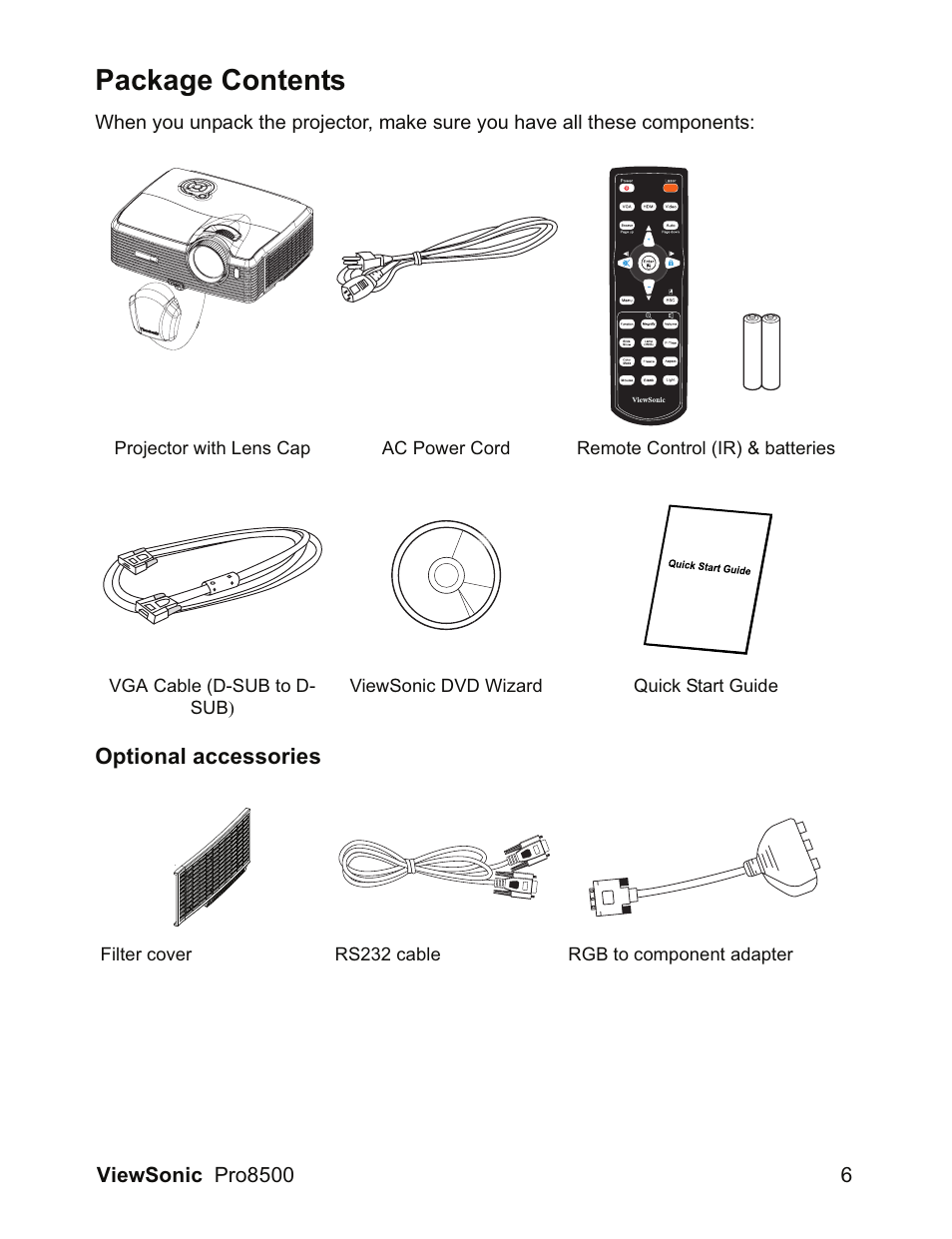 Package contents | VIEWSONIC VS13645 User Manual | Page 10 / 79