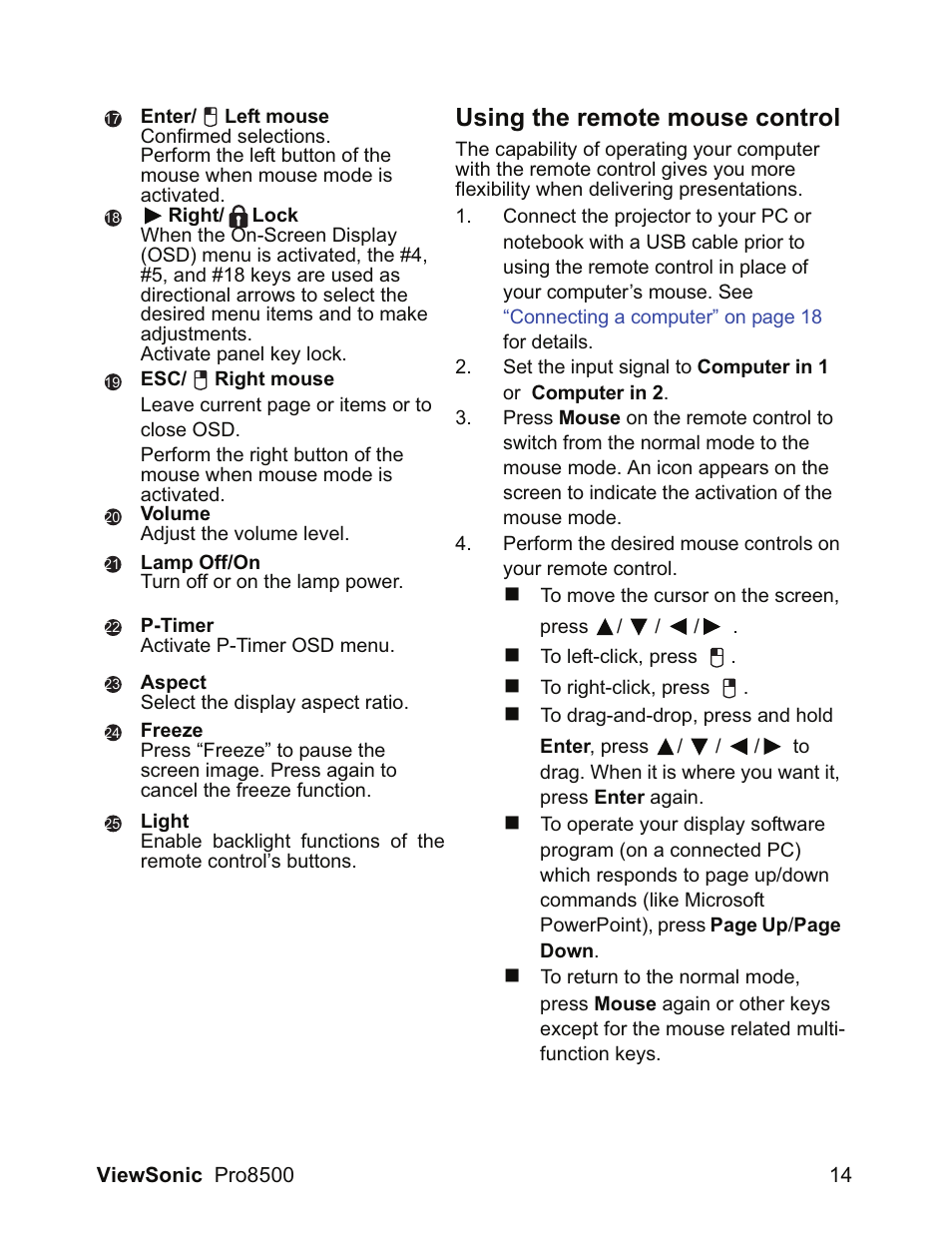 Using the remote mouse control | VIEWSONIC VS13645 User Manual | Page 18 / 79