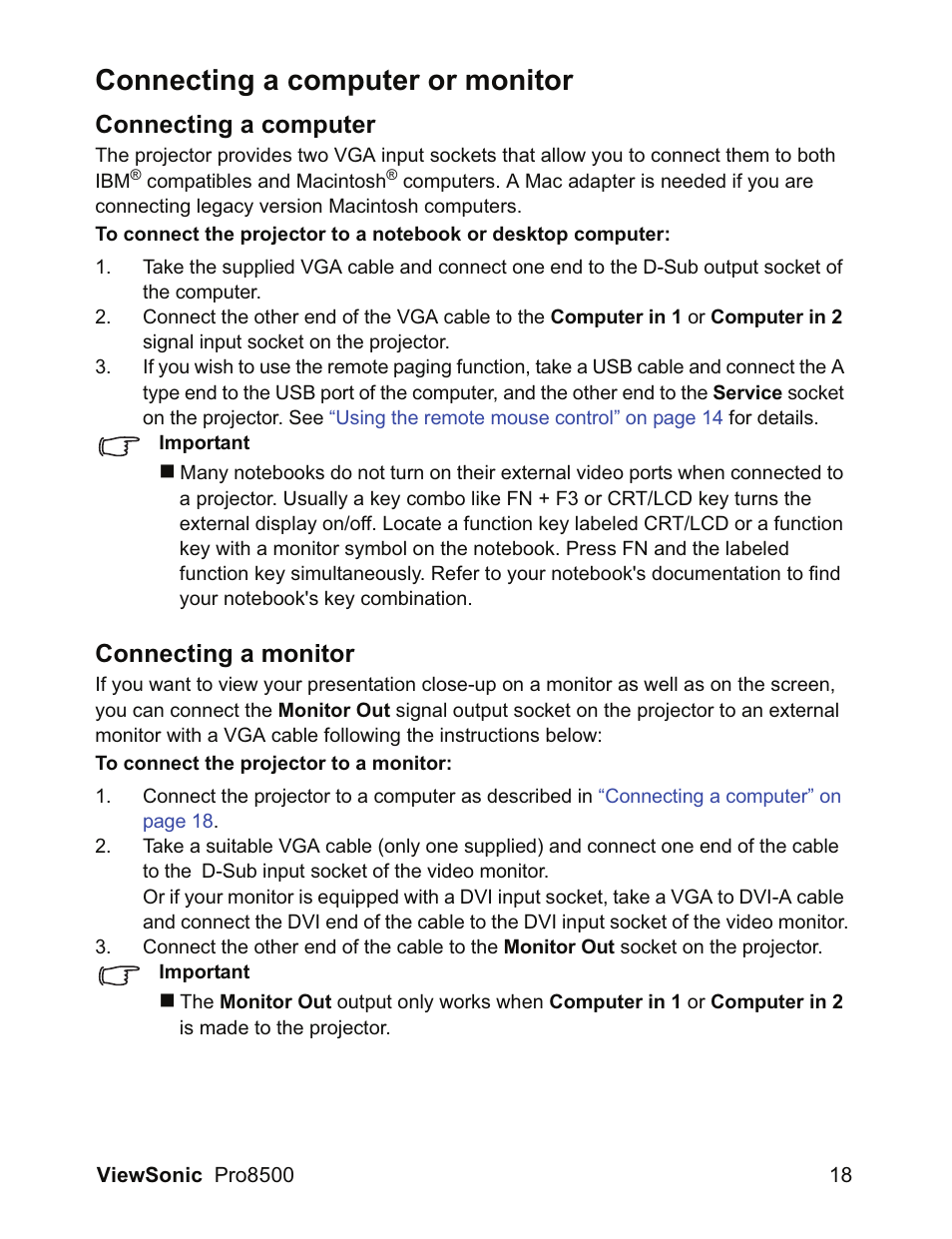 Connecting a computer or monitor, Connecting a computer, Connecting a monitor | VIEWSONIC VS13645 User Manual | Page 22 / 79