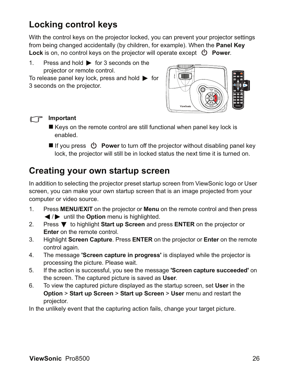 Locking control keys, Creating your own startup screen | VIEWSONIC VS13645 User Manual | Page 30 / 79