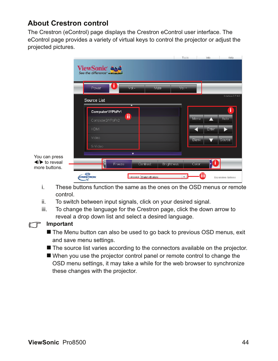 About crestron control | VIEWSONIC VS13645 User Manual | Page 48 / 79