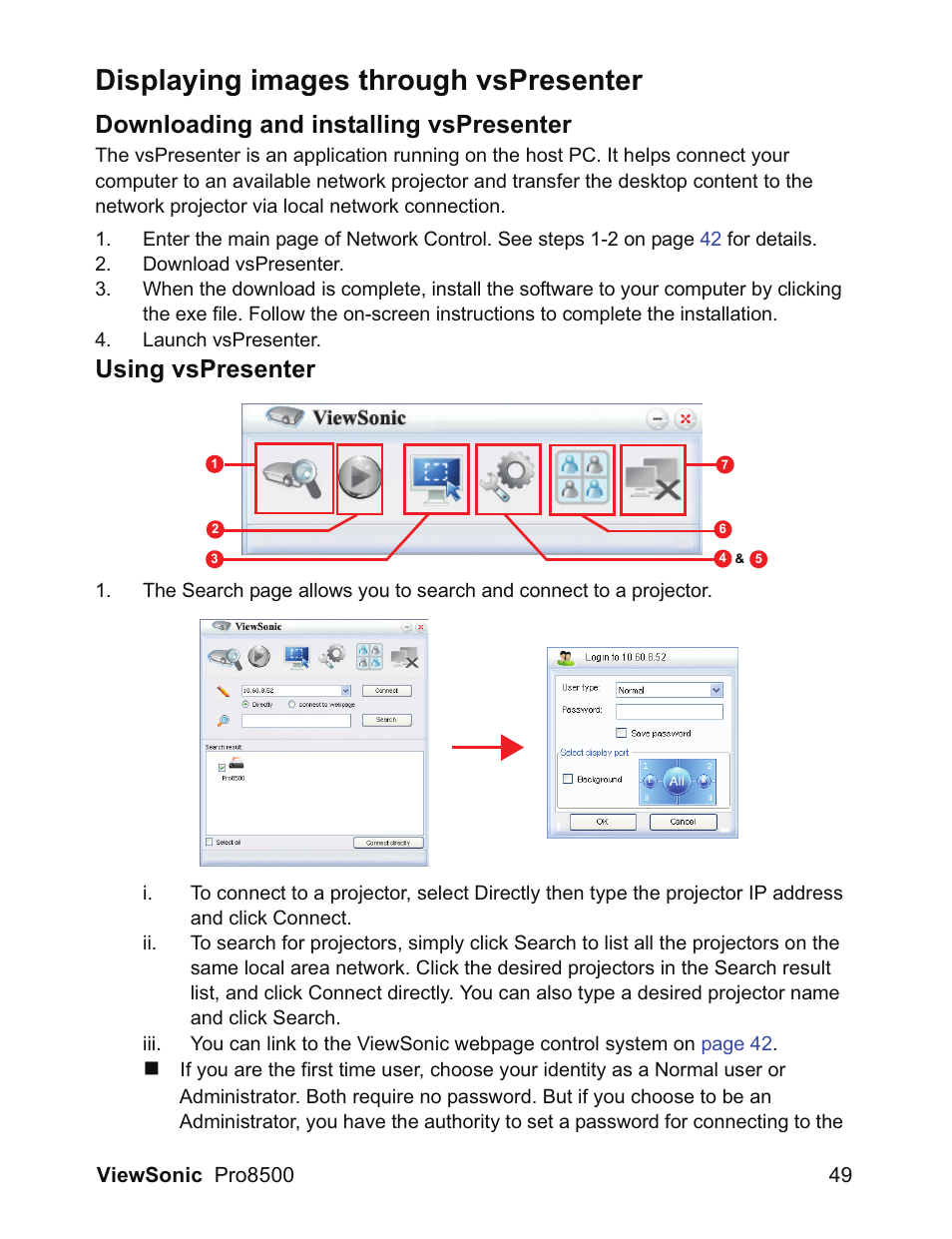 Displaying images through vspresenter, Downloading and installing vspresenter, Using vspresenter | VIEWSONIC VS13645 User Manual | Page 53 / 79