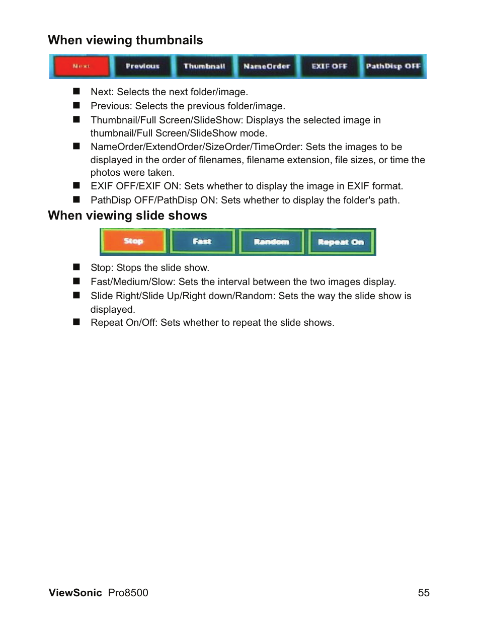 When viewing thumbnails, When viewing slide shows | VIEWSONIC VS13645 User Manual | Page 59 / 79