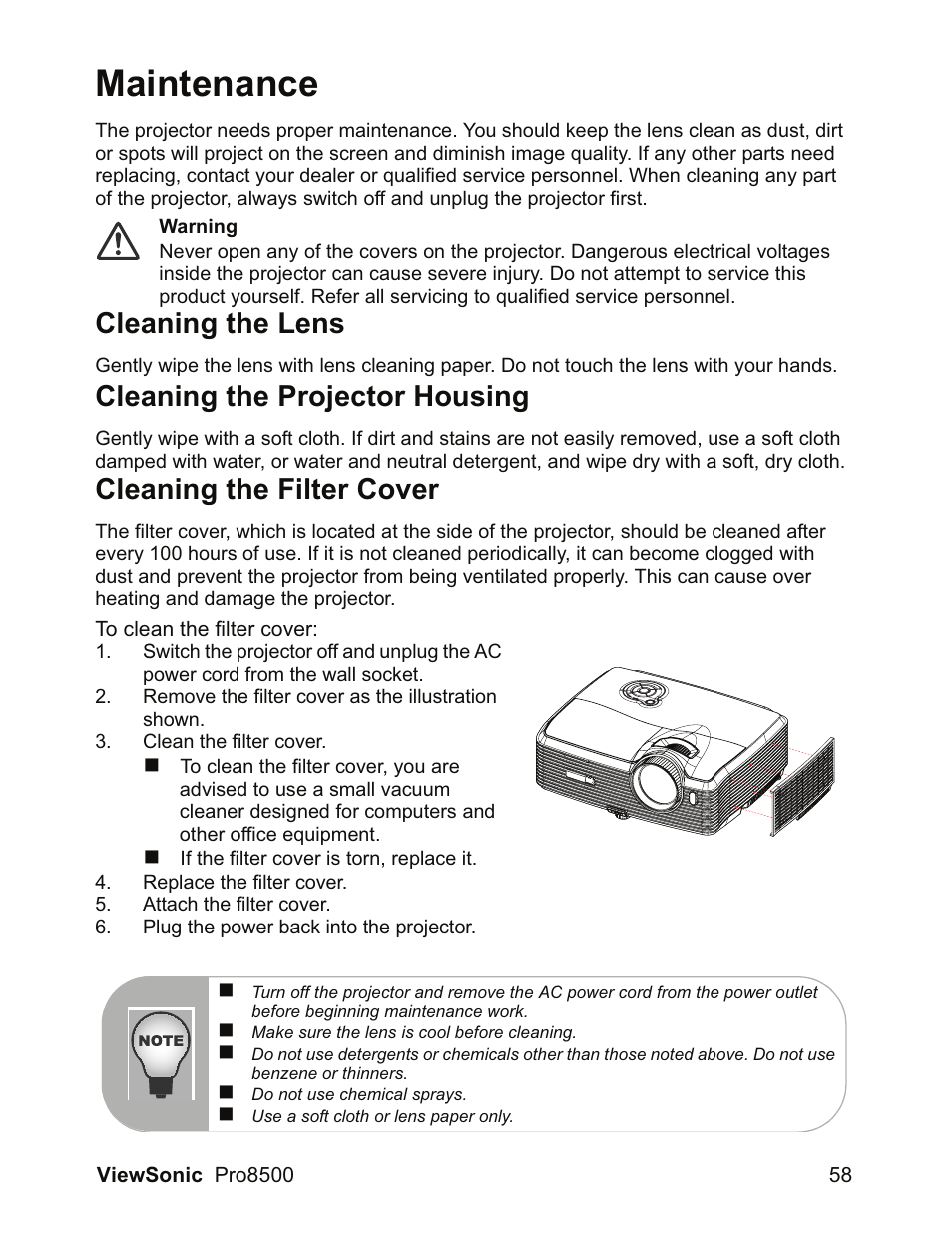 Maintenance, Cleaning the lens, Cleaning the projector housing | Cleaning the filter cover | VIEWSONIC VS13645 User Manual | Page 62 / 79