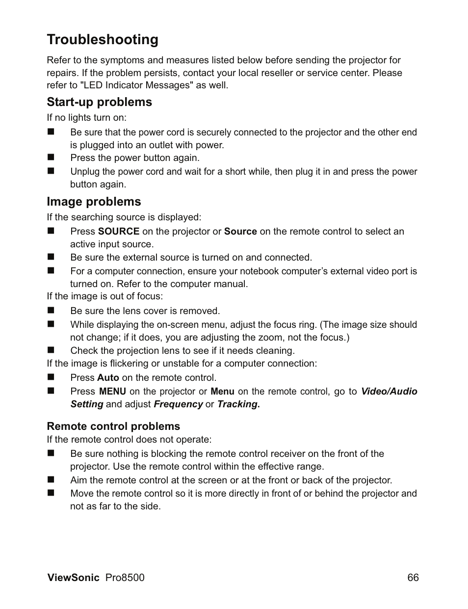 Troubleshooting, Start-up problems, Image problems | VIEWSONIC VS13645 User Manual | Page 70 / 79