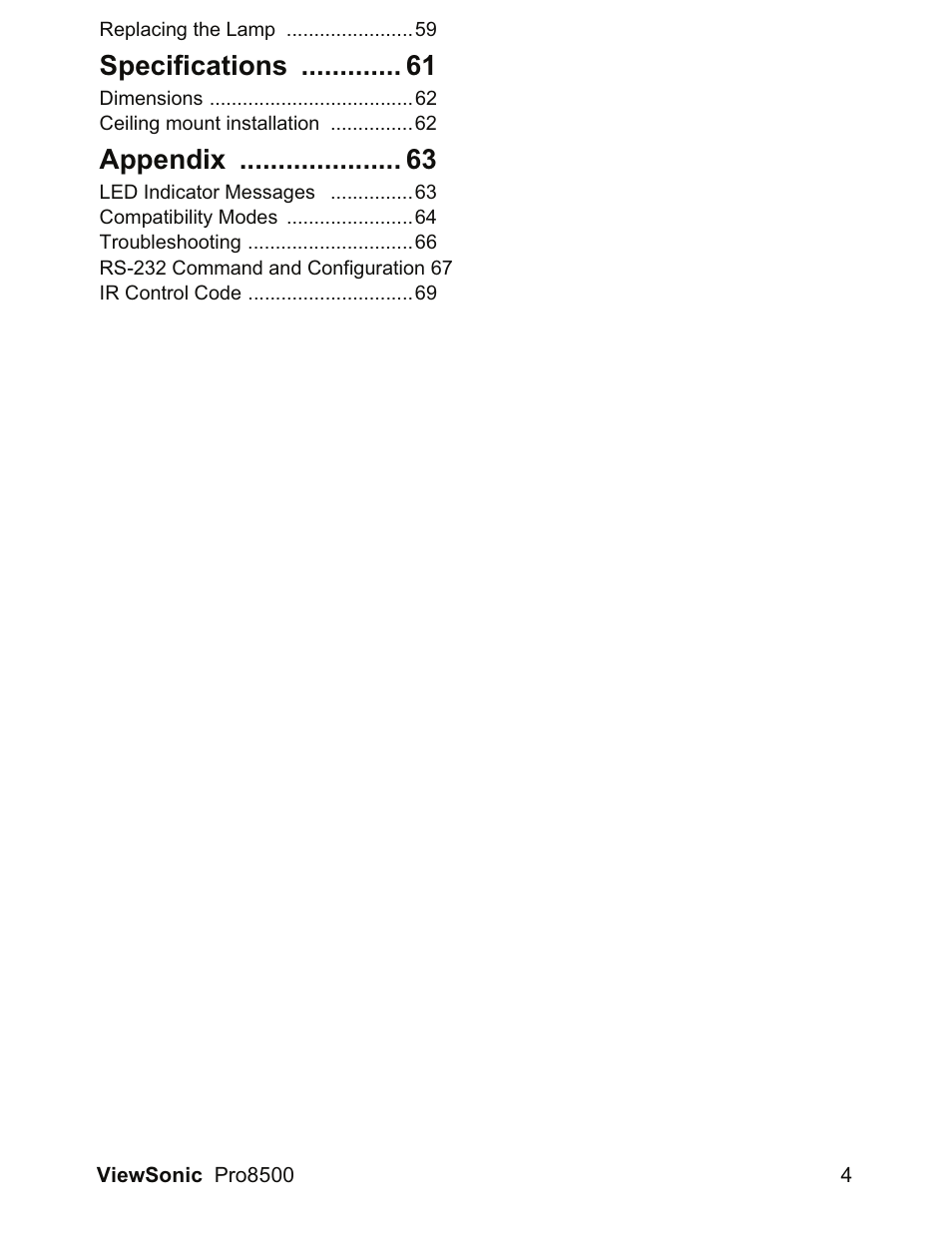 Specifications, Appendix | VIEWSONIC VS13645 User Manual | Page 8 / 79