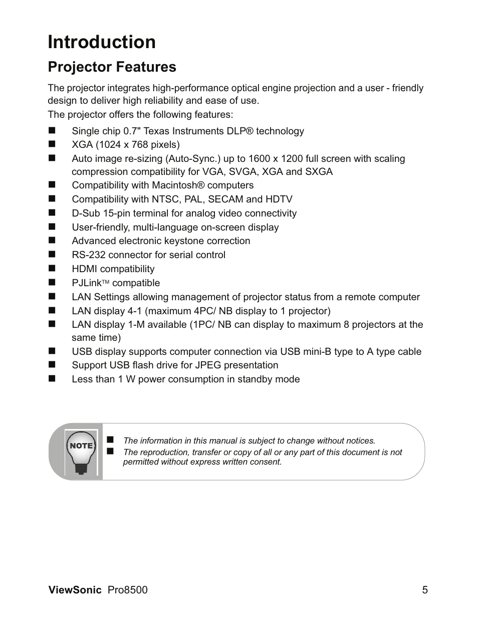 Introduction, Projector features | VIEWSONIC VS13645 User Manual | Page 9 / 79