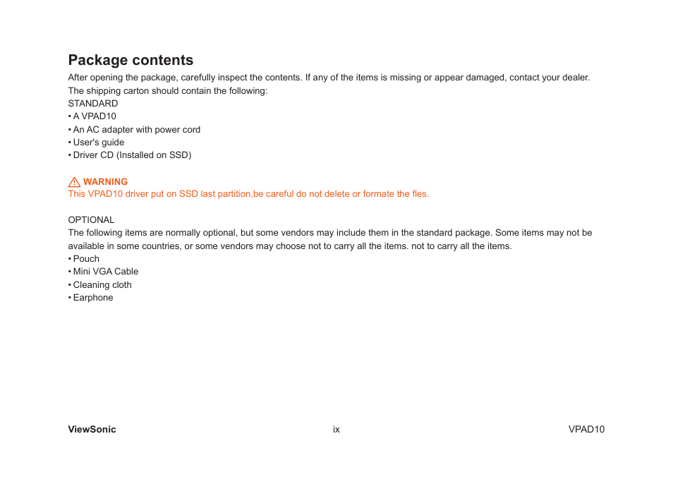 Package contents | VIEWSONIC VPAD10 VS13790 User Manual | Page 10 / 44