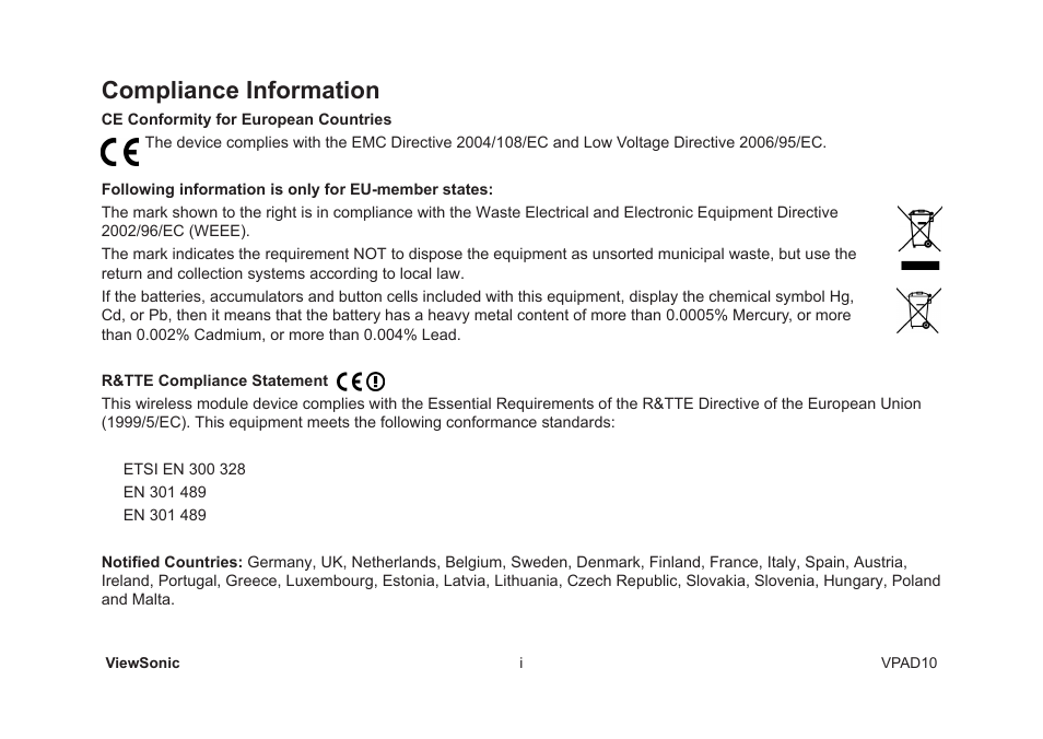 Compliance information | VIEWSONIC VPAD10 VS13790 User Manual | Page 2 / 44