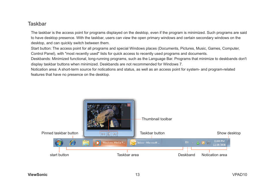 Taskbar | VIEWSONIC VPAD10 VS13790 User Manual | Page 23 / 44