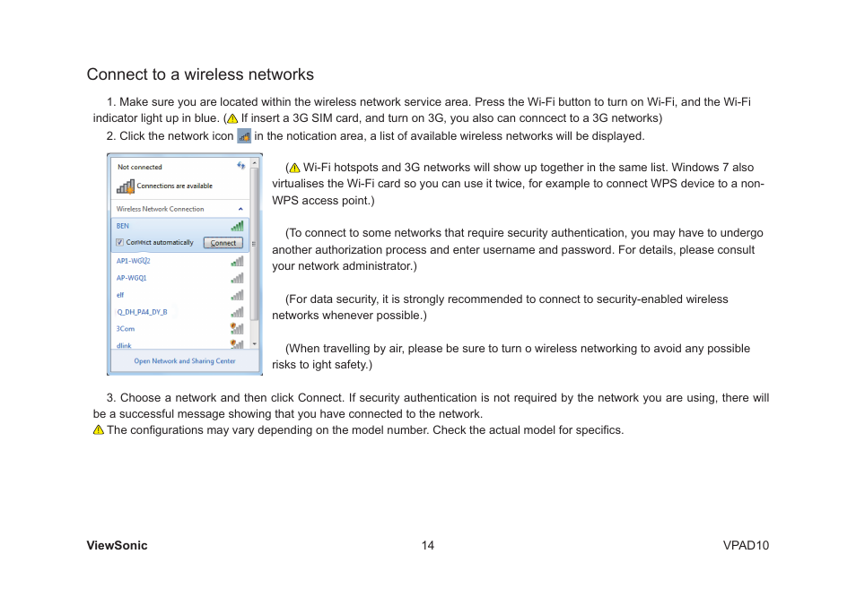 Connect to a wireless networks | VIEWSONIC VPAD10 VS13790 User Manual | Page 24 / 44