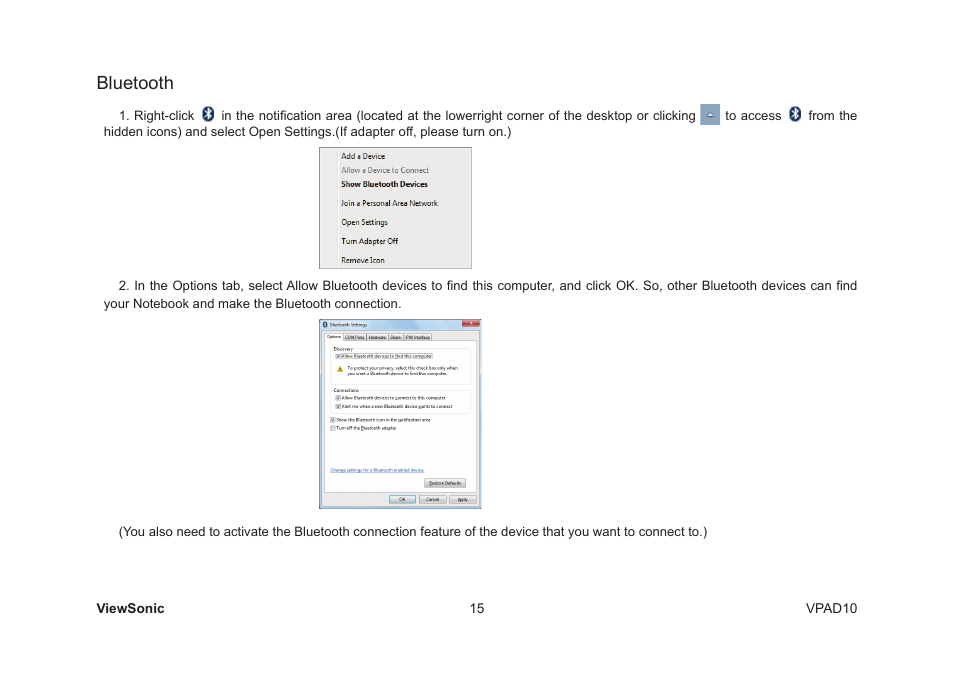 Bluetooth | VIEWSONIC VPAD10 VS13790 User Manual | Page 25 / 44