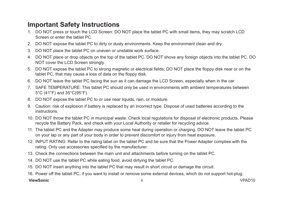 Important safety instructions | VIEWSONIC VPAD10 VS13790 User Manual | Page 3 / 44