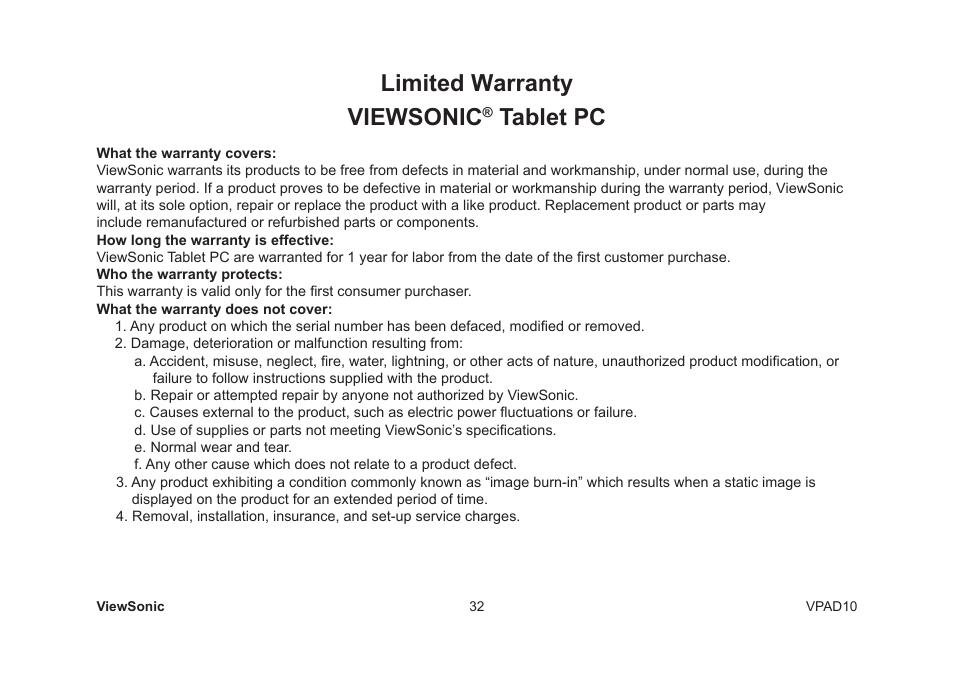 Limited warranty viewsonic, Tablet pc | VIEWSONIC VPAD10 VS13790 User Manual | Page 42 / 44