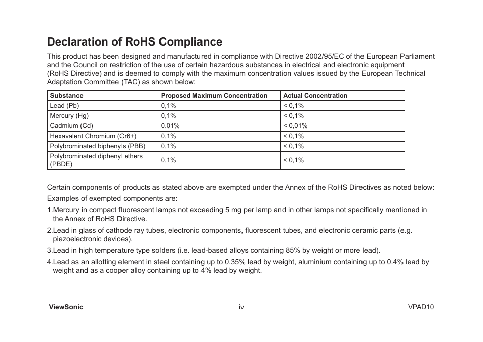 Declaration of rohs compliance | VIEWSONIC VPAD10 VS13790 User Manual | Page 5 / 44