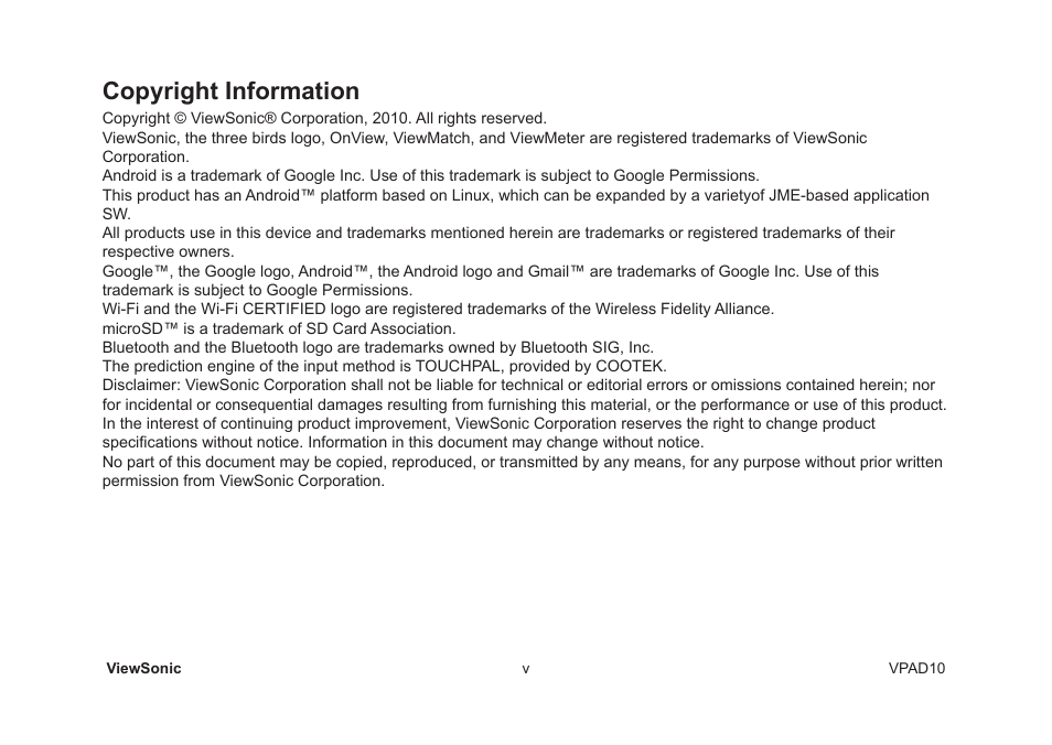 Copyright information | VIEWSONIC VPAD10 VS13790 User Manual | Page 6 / 44