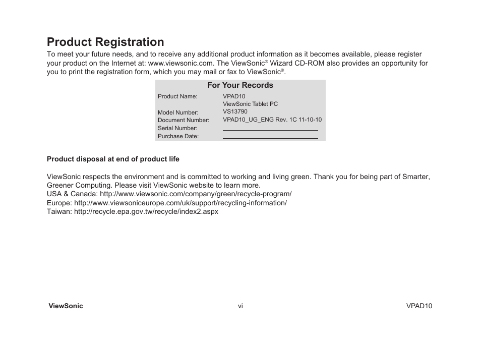 Product registration | VIEWSONIC VPAD10 VS13790 User Manual | Page 7 / 44