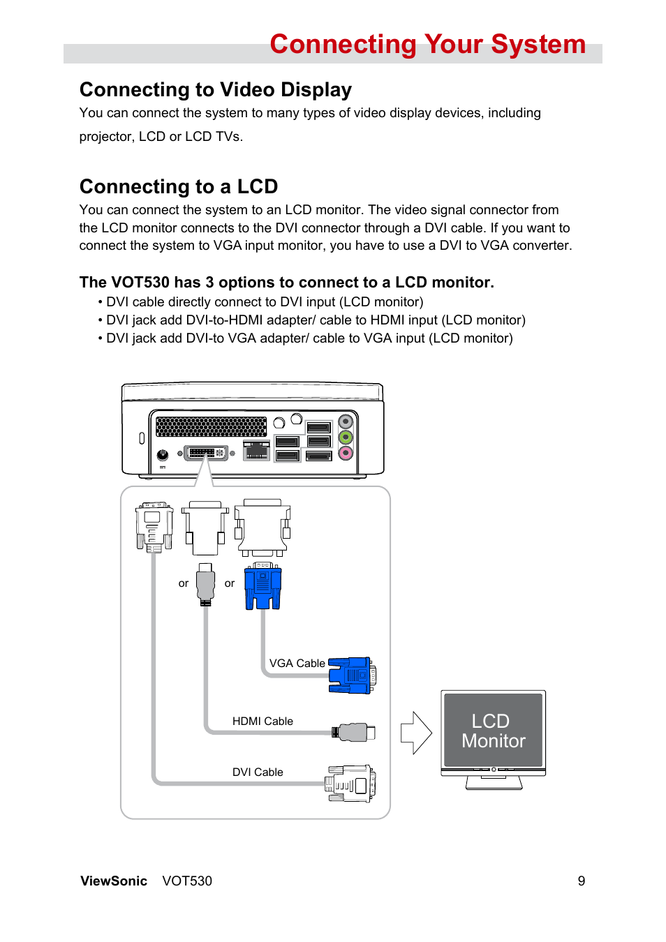 Connecting your system, Connecting to video display, Connecting to a lcd | Lcd montor | VIEWSONIC VS12661 User Manual | Page 15 / 49