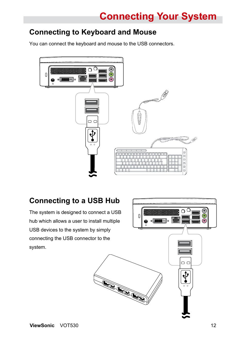 Connecting your system, Connecting to keyboard and mouse, Connecting to a usb hub | VIEWSONIC VS12661 User Manual | Page 18 / 49