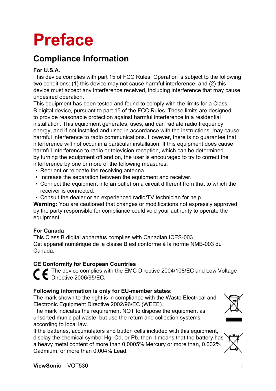 Preface, Compliance information | VIEWSONIC VS12661 User Manual | Page 2 / 49