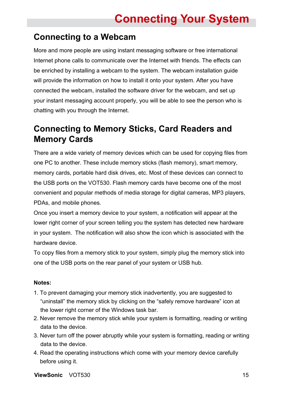 Connecting your system, Connecting to a webcam | VIEWSONIC VS12661 User Manual | Page 21 / 49