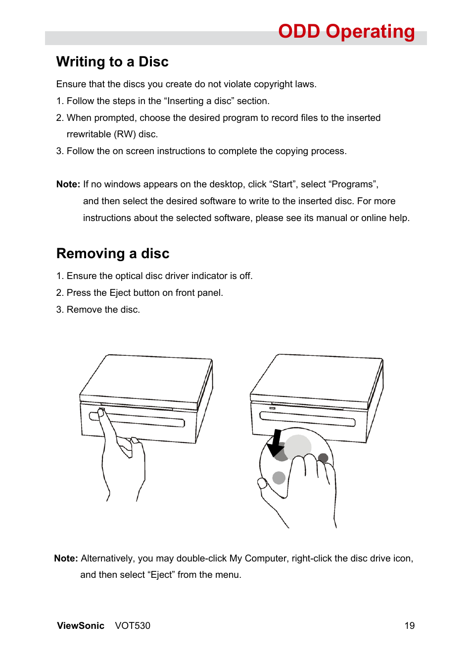 Odd operating, Writing to a disc, Removing a disc | VIEWSONIC VS12661 User Manual | Page 25 / 49