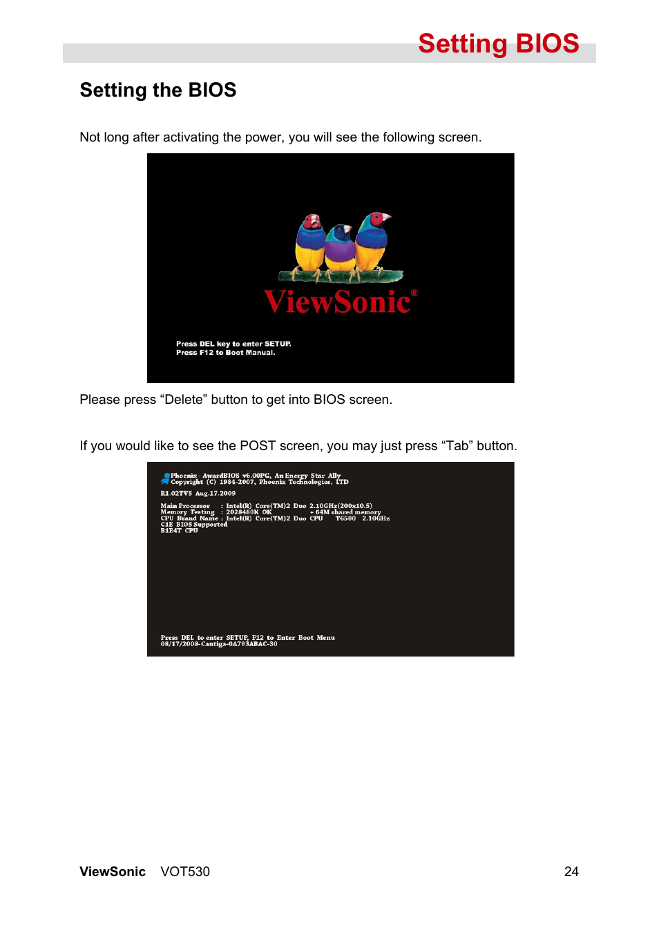 Setting bios, Setting the bios | VIEWSONIC VS12661 User Manual | Page 30 / 49