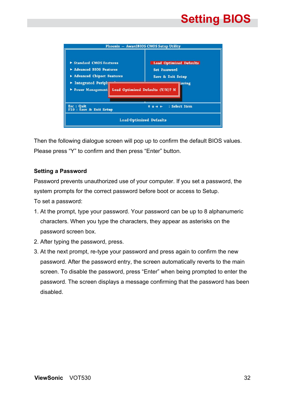 Setting bios | VIEWSONIC VS12661 User Manual | Page 38 / 49