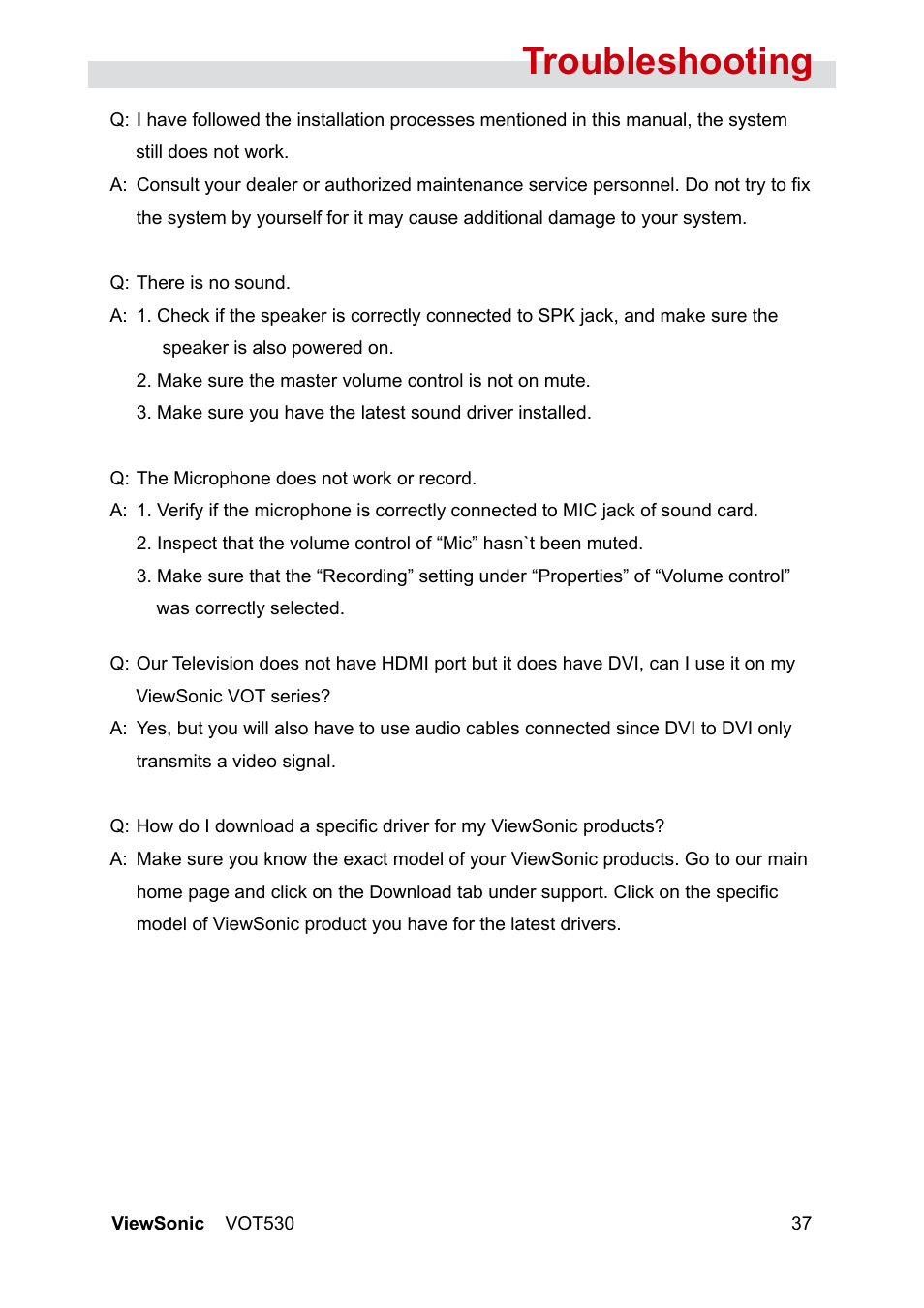 Troubleshooting | VIEWSONIC VS12661 User Manual | Page 43 / 49