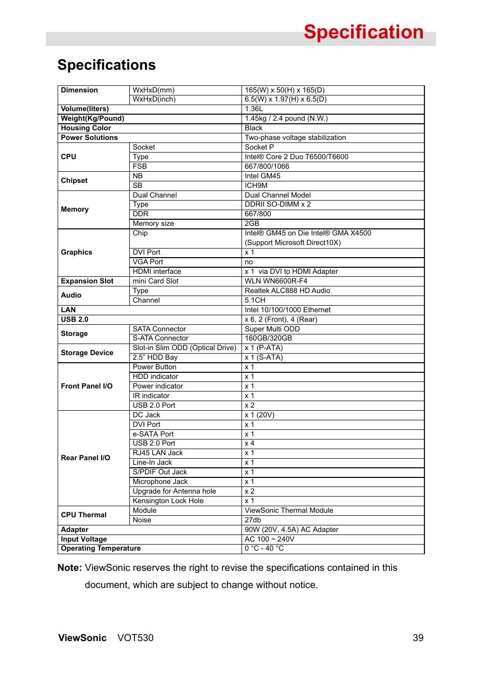 Specification, Specifications | VIEWSONIC VS12661 User Manual | Page 45 / 49