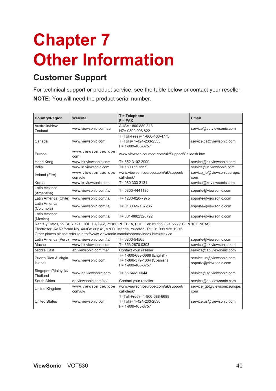 Chapter 7 other information, Customer support | VIEWSONIC VS12661 User Manual | Page 46 / 49