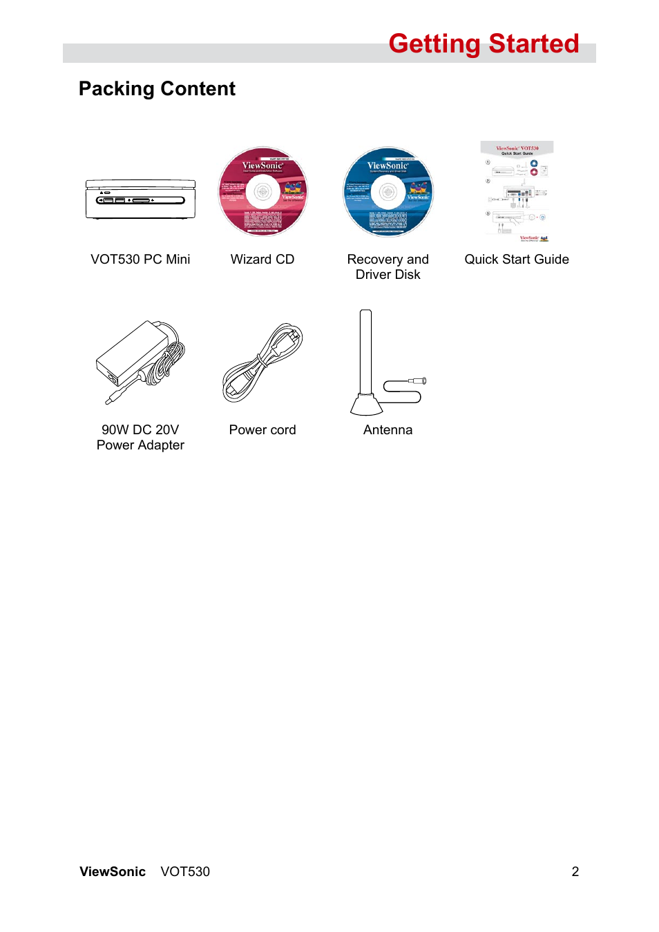 Getting started, Packing content | VIEWSONIC VS12661 User Manual | Page 8 / 49