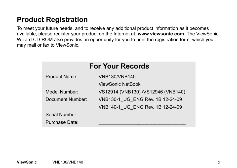 Product registration, For your records | VIEWSONIC NETBOOK VS12946 User Manual | Page 11 / 31