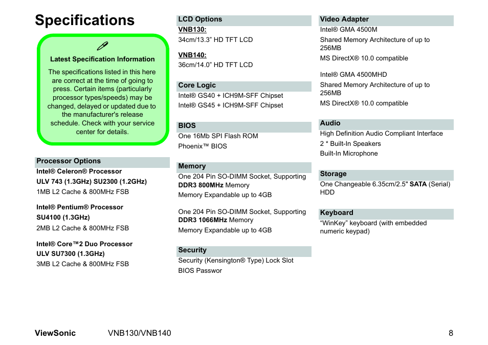 Specifications | VIEWSONIC NETBOOK VS12946 User Manual | Page 21 / 31