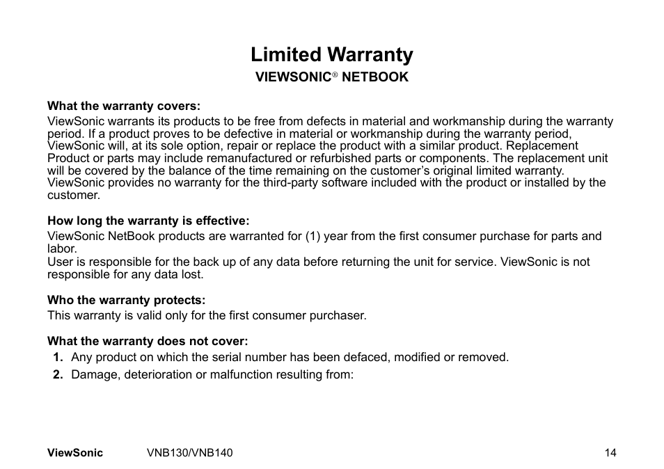 Limited warranty | VIEWSONIC NETBOOK VS12946 User Manual | Page 27 / 31