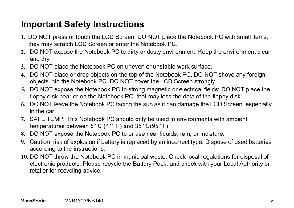 Important safety instructions | VIEWSONIC NETBOOK VS12946 User Manual | Page 6 / 31