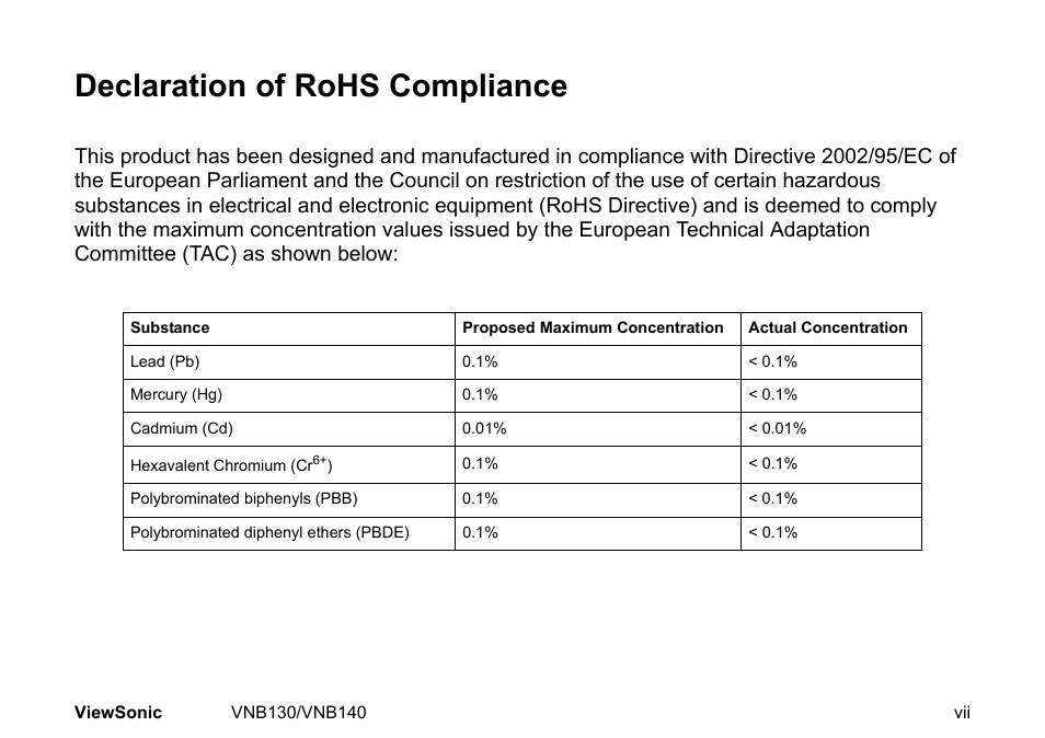 Declaration of rohs compliance | VIEWSONIC NETBOOK VS12946 User Manual | Page 8 / 31