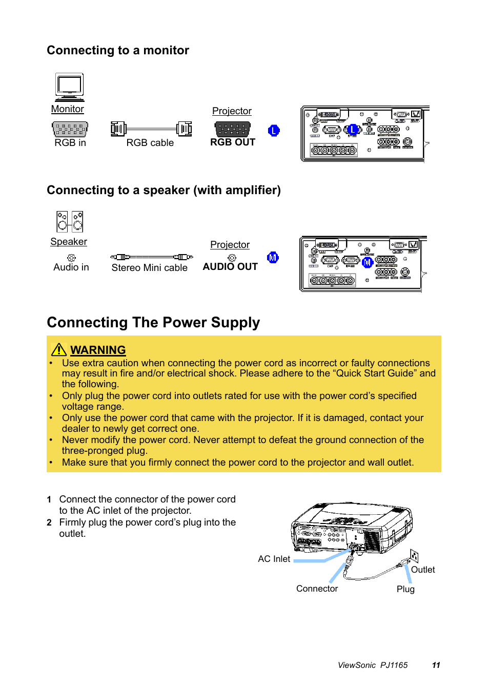 Connecting the power supply | VIEWSONIC PJ1165 User Manual | Page 12 / 52
