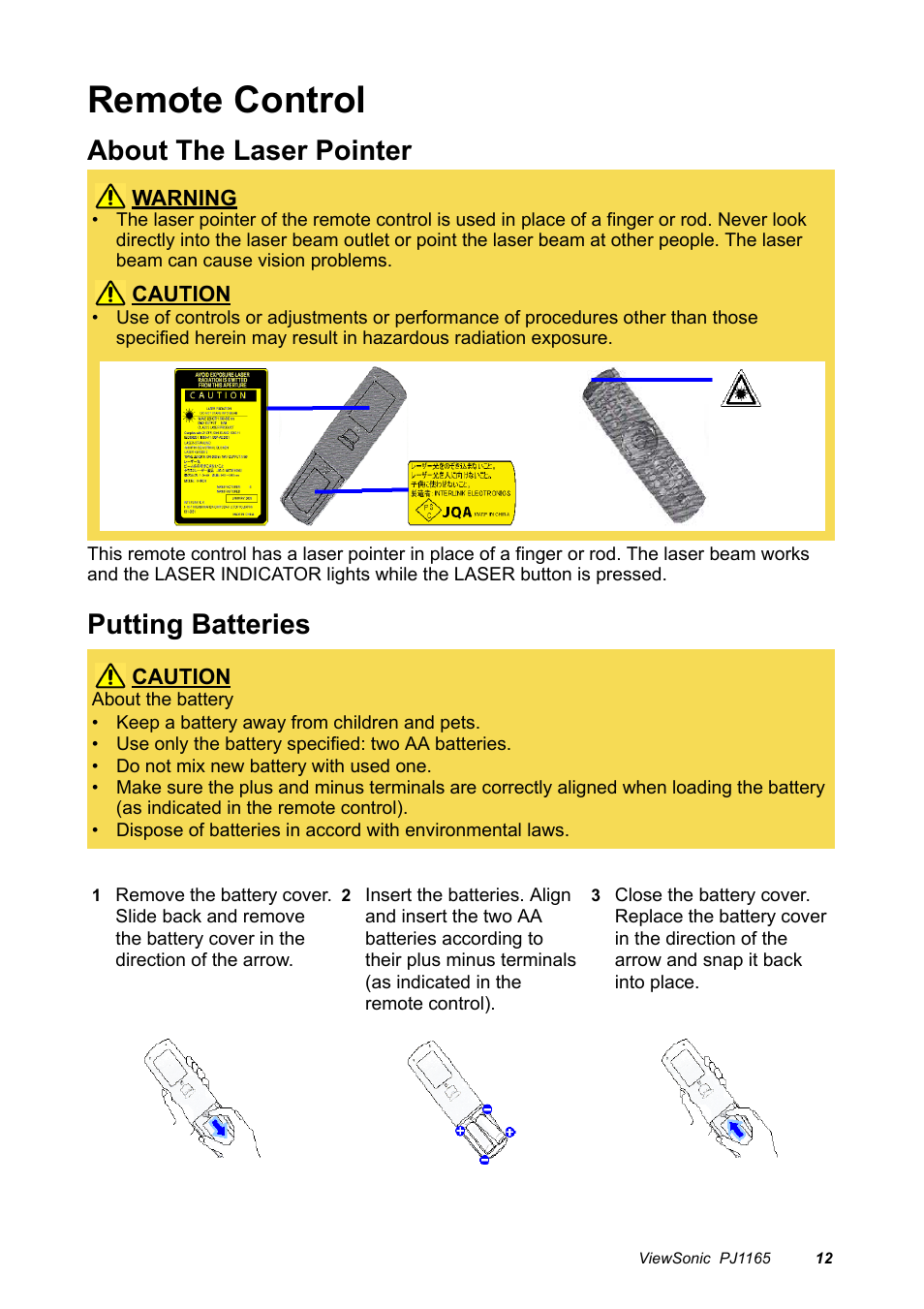 Remote control, About the laser pointer, Putting batteries | VIEWSONIC PJ1165 User Manual | Page 13 / 52