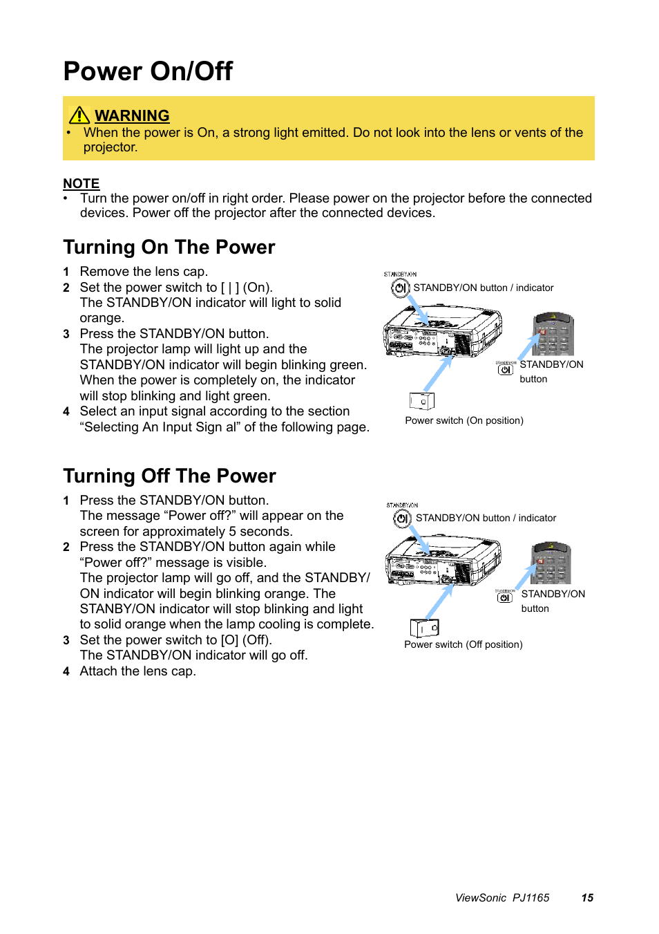Power on/off, Turning on the power, Turning off the power | Warning | VIEWSONIC PJ1165 User Manual | Page 16 / 52
