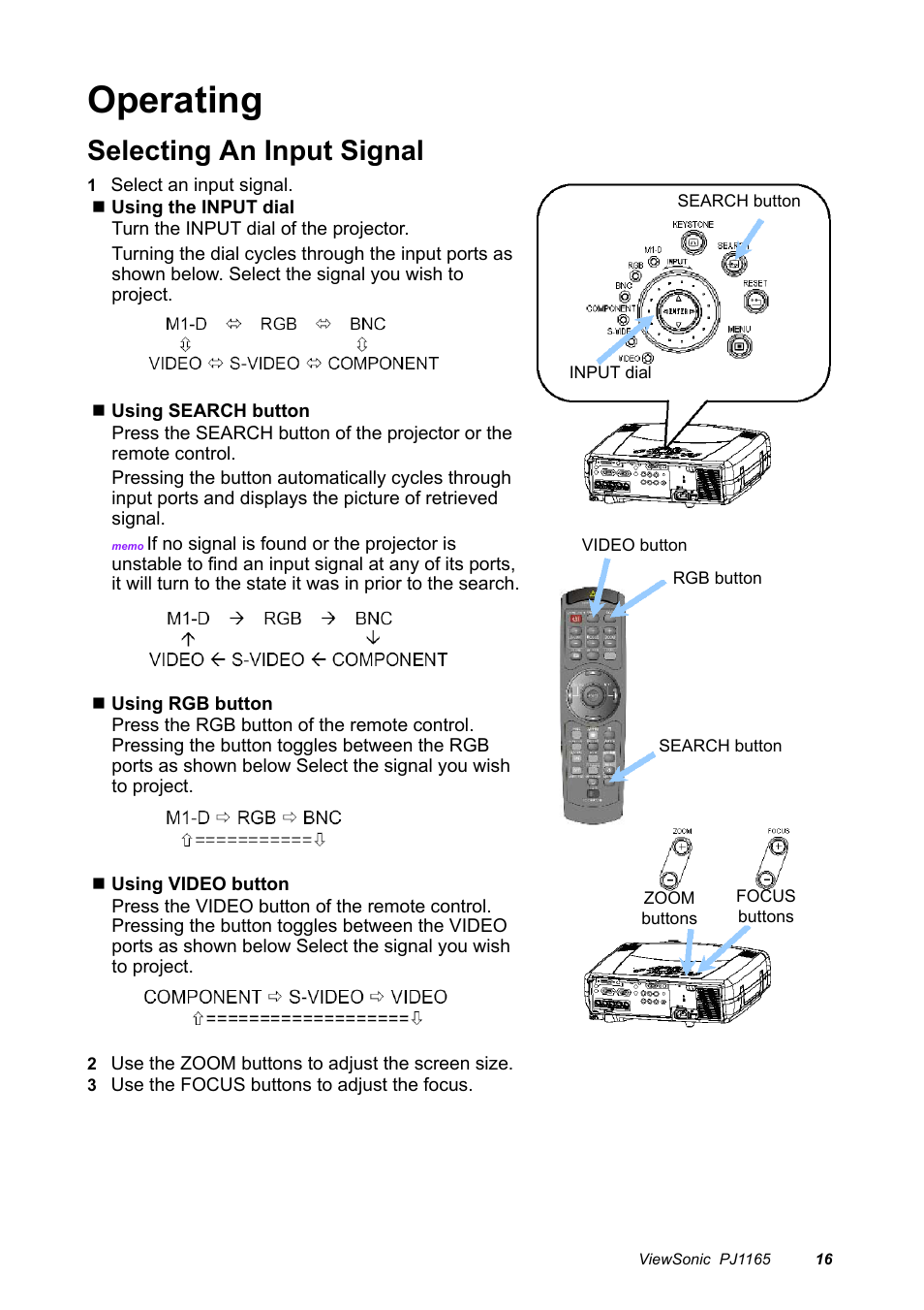 Operating, Selecting an input signal | VIEWSONIC PJ1165 User Manual | Page 17 / 52