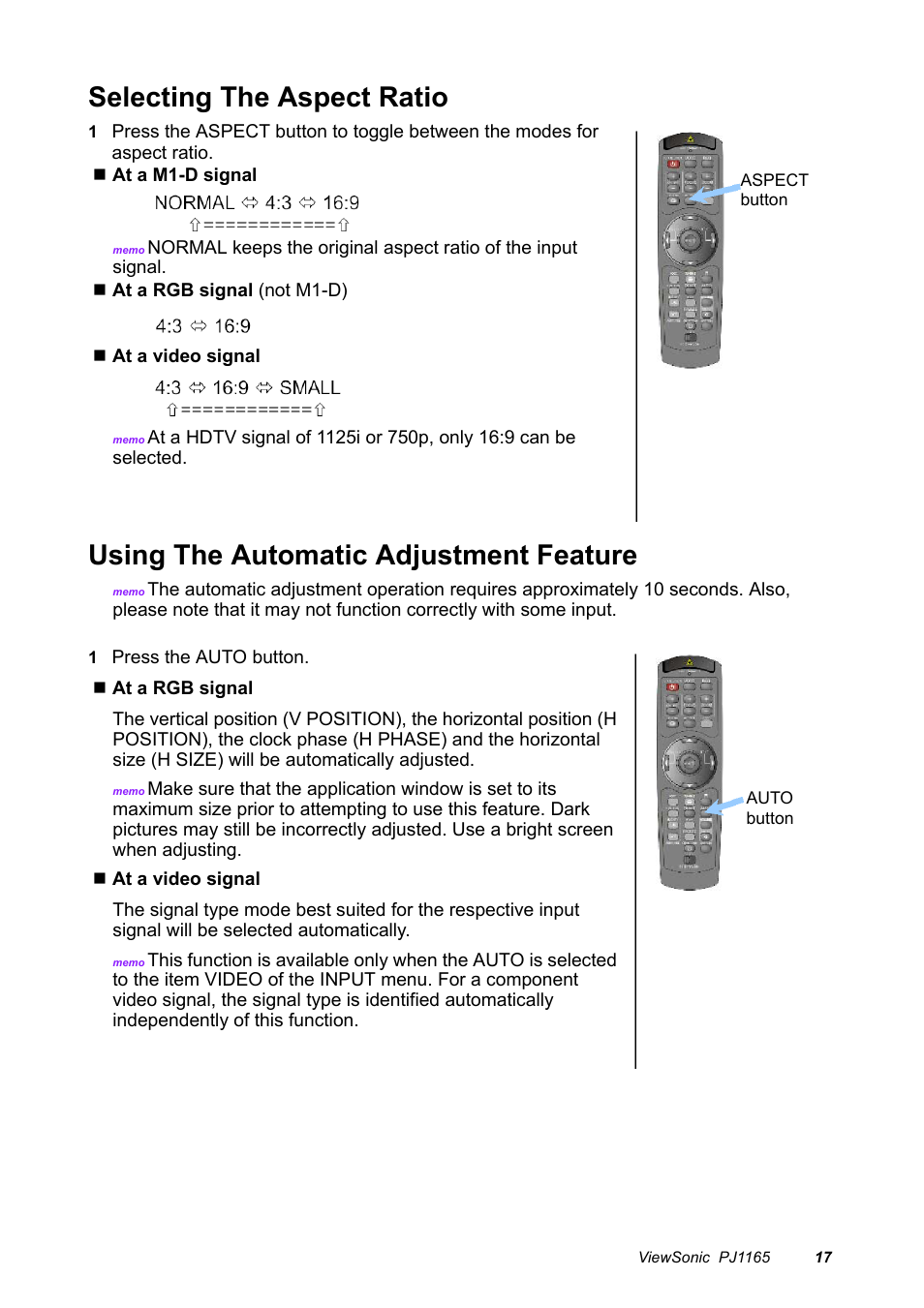 Selecting the aspect ratio, Using the automatic adjustment feature | VIEWSONIC PJ1165 User Manual | Page 18 / 52