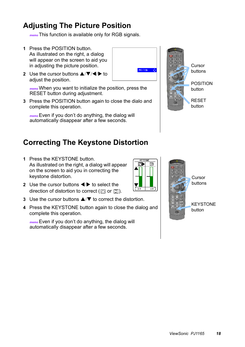 Adjusting the picture position, Correcting the keystone distortion | VIEWSONIC PJ1165 User Manual | Page 19 / 52