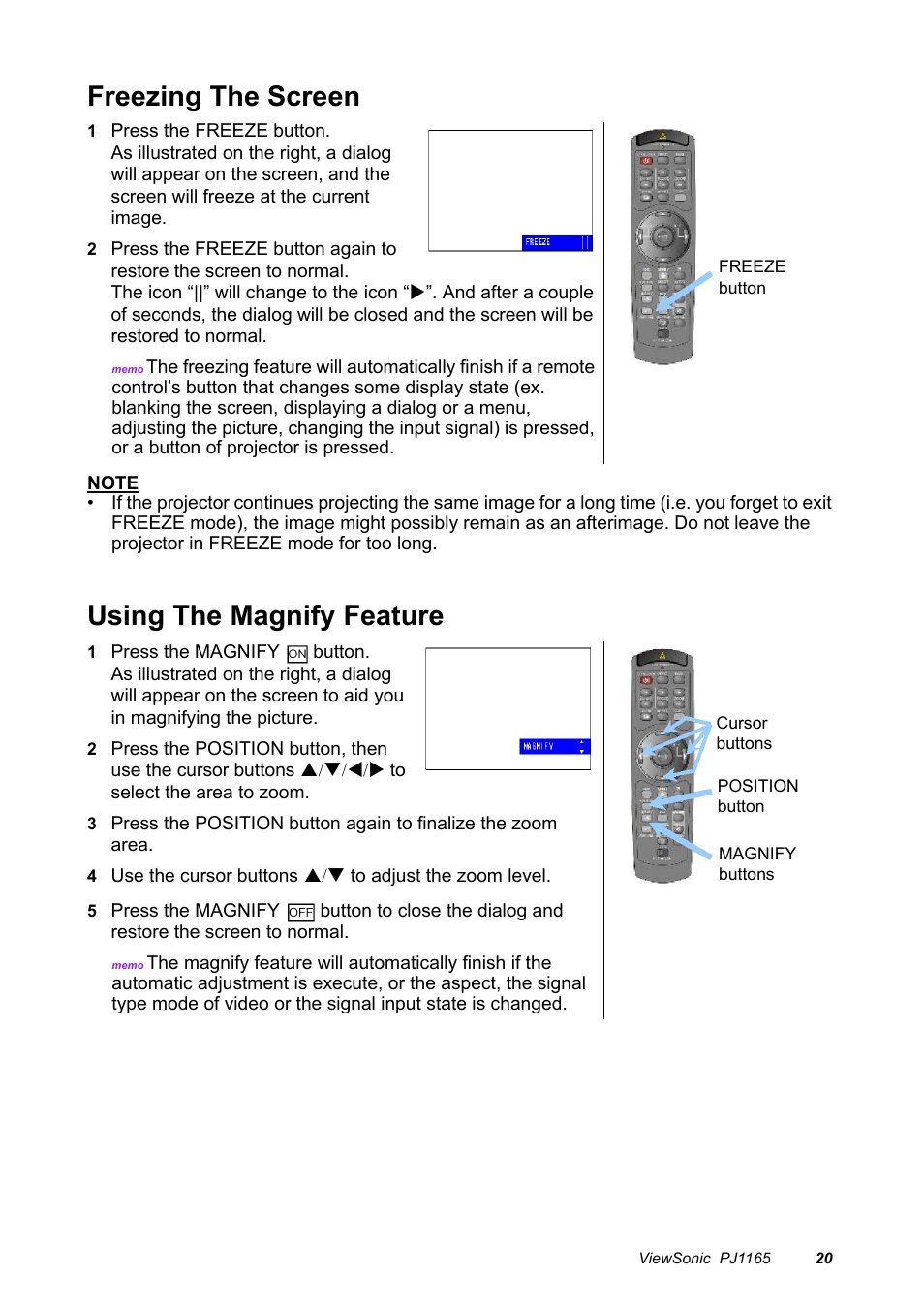 Freezing the screen, Using the magnify feature | VIEWSONIC PJ1165 User Manual | Page 21 / 52