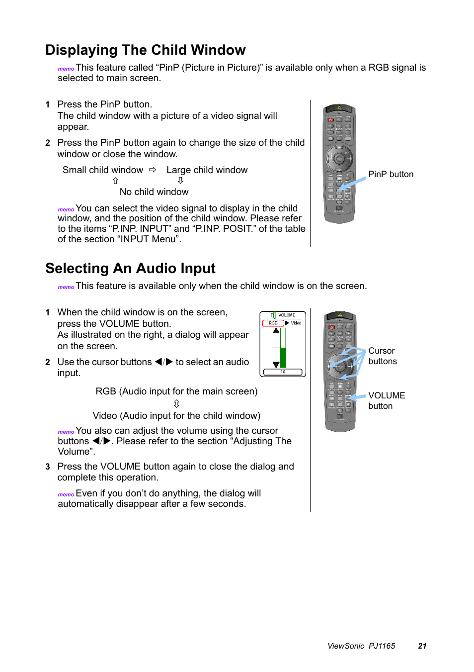 Displaying the child window, Selecting an audio input | VIEWSONIC PJ1165 User Manual | Page 22 / 52