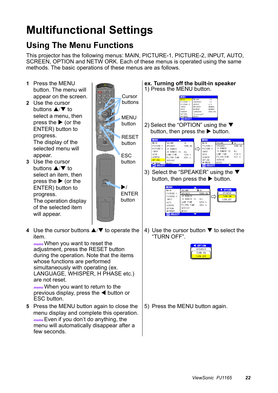 Multifunctional settings, Using the menu functions | VIEWSONIC PJ1165 User Manual | Page 23 / 52