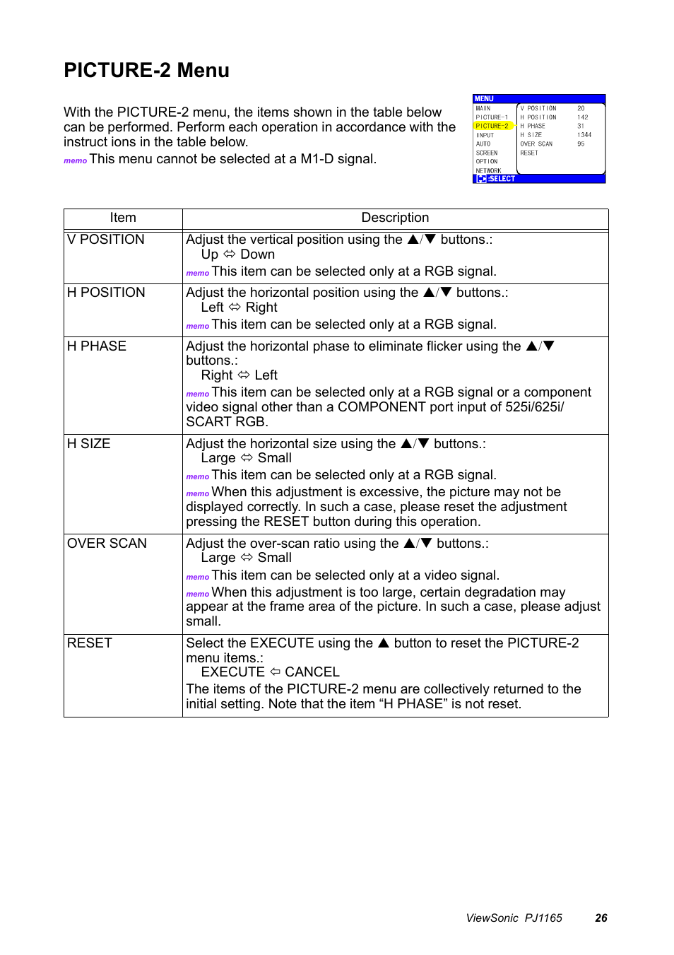 Picture-2 menu | VIEWSONIC PJ1165 User Manual | Page 27 / 52