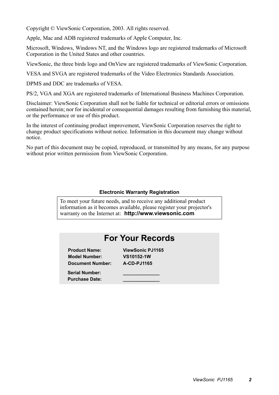 For your records | VIEWSONIC PJ1165 User Manual | Page 3 / 52