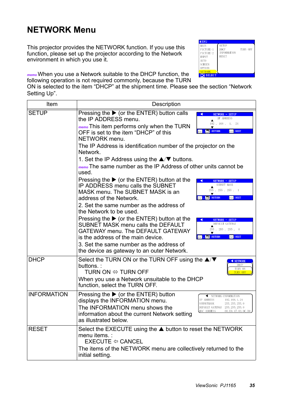 Network menu | VIEWSONIC PJ1165 User Manual | Page 36 / 52